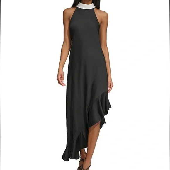 New Karl Lagerfeld Satin Halter Mock Neck Sleeveless Asymmetrical Hem Midi Dress - Picture 2 of 4